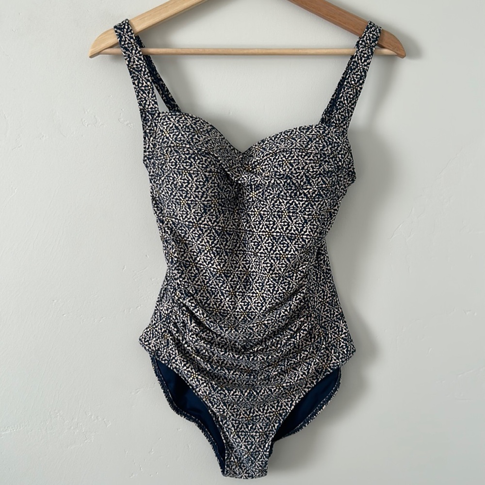 Nip Tuck one piece swimsuit in navy and gold